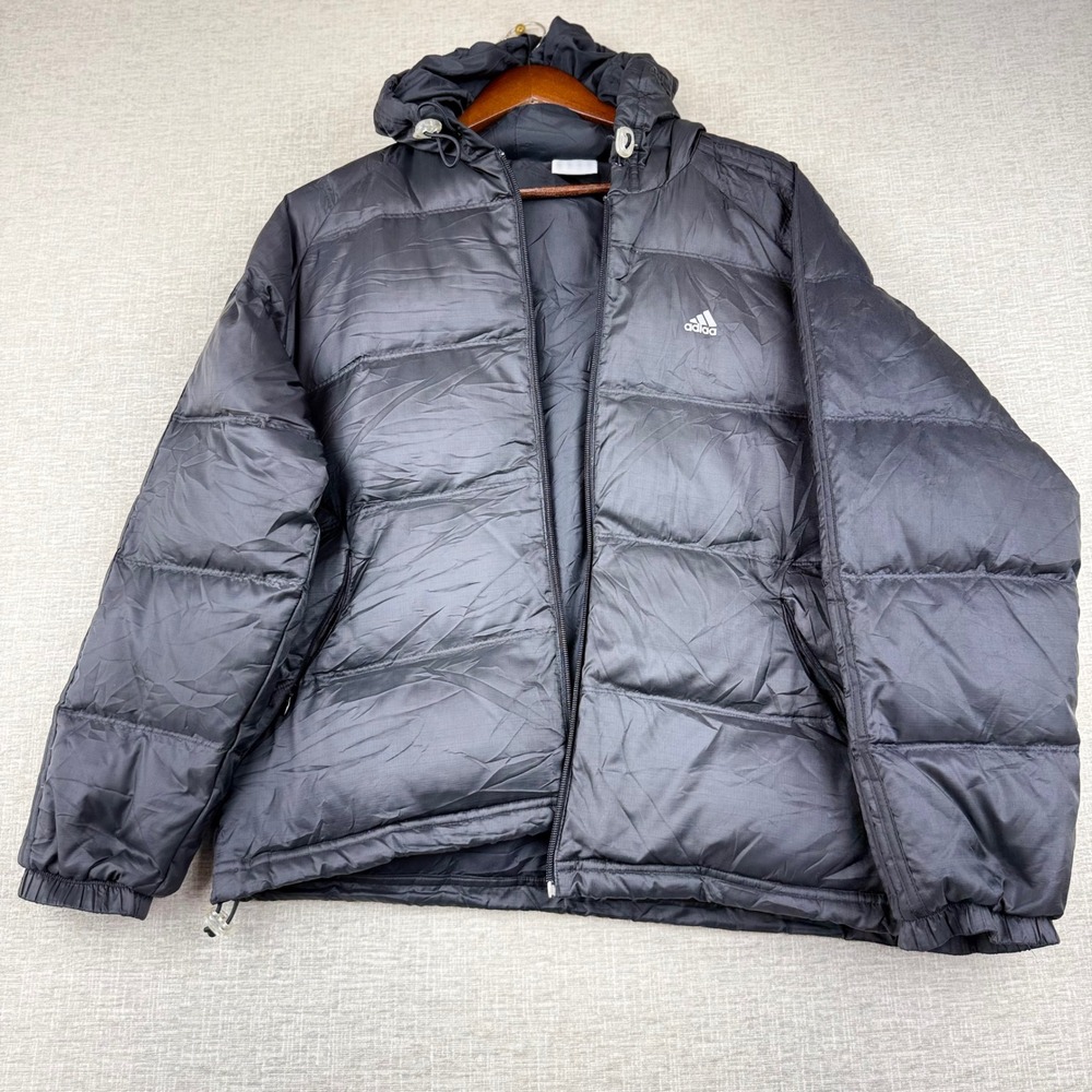 Adidas ClimaProof Puffer Jacket Mens Medium Black Hooded Ripstop Full Zip Coat